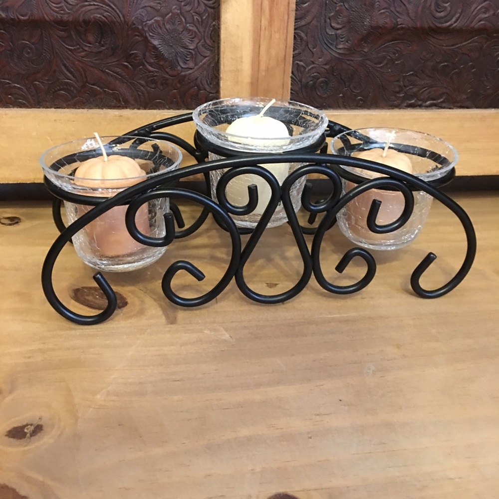 Iron scroll base crackled glass candle holder